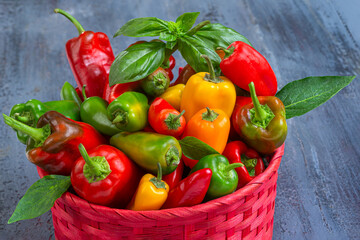 Colorful peppers and basil gathered in a basket