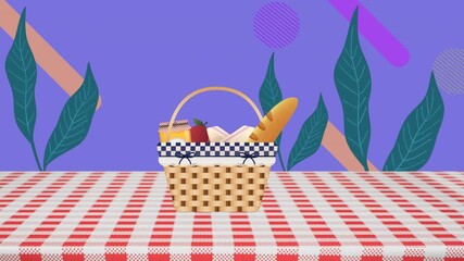 Animation of food in picnic basket on checkered tablecloth over leaves and shapes on blue background - Powered by Adobe