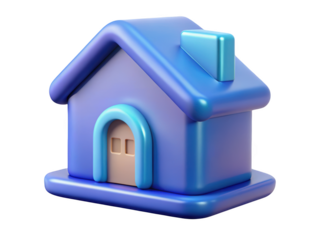 Glossy blue toy house with chimney home property minimalist style icon design realistic shape 3d illustration isolated on transparent background