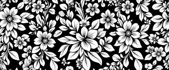 Obraz premium Seamless black & white halftone floral pattern, intricate flower & leaf design for textile print, leaf, design element