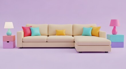 Living room scene presents colorful furniture arrangement. Minimalist design, interior decor, contemporary style, pastel color scheme, relaxation space
