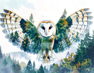 Majestic barn owl in flight, wings blending seamlessly with a lush evergreen forest, soaring above a misty landscape.