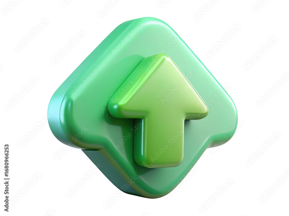 Poster glossy green up arrow icon on rounded square shape representing growth direction and progress 3d ill