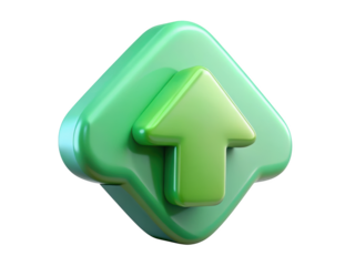 Glossy green up arrow icon on rounded square shape representing growth direction and progress 3d illustration isolated on transparent background