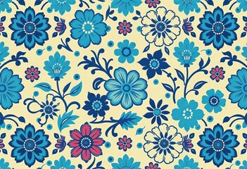 Seamless blue floral ikat wallpaper pattern; hand-drawn embroidery texture, vintage ethnic style, art, ethnic
