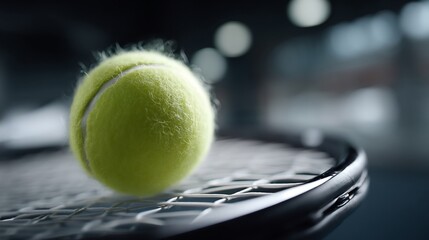 Tennis ball resting on a racket with a soft, blurred background