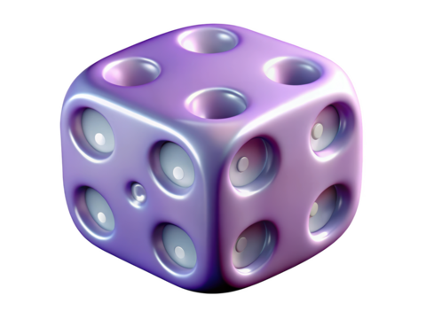 Glossy purple dice with pips isolated on background 3d illustration isolated on transparent background