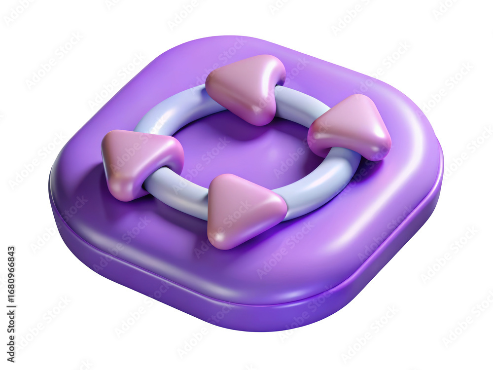 Fototapete Glossy square button with circular arrows in pastel colors representing navigation and direction3d illustration isolated on transparent background