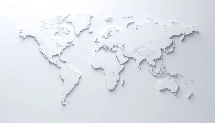 A 3D world map, rendered in a light gray/white color, creates a clean, minimalist design. The continents are sculpted with subtle relief, appearing embossed against a plain background