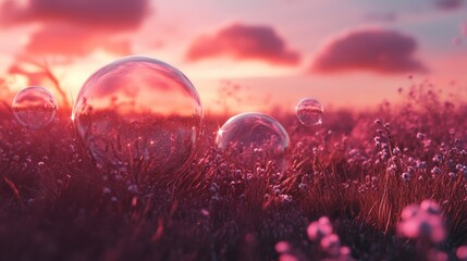 Large transparent bubbles in a field of pink wildflowers at sunset.