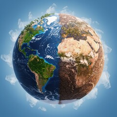 Fototapeta premium Half lush earth half desert globe depicting climate change and environmental impact
