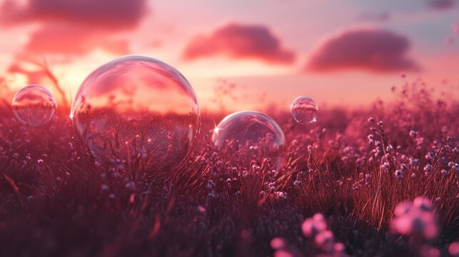 Large transparent bubbles in a field of pink wildflowers at sunset.