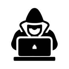 Vector art of hacker with laptop, representing cybersecurity threat, data breach, and online crime, emphasizing the need for internet security and protection