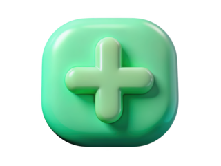 Green plus sign on rounded square button addition symbol mathematical operation medical cross health care sign 3d illustration isolated on transparent background