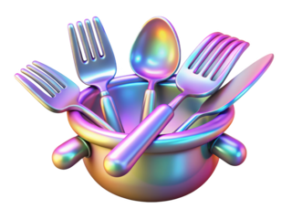 Iridescent cutlery arrangement spoon fork knife in metallic pot reflective surface 3d illustration isolated on transparent background