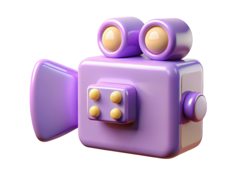 Lilac vintage movie camera shiny film recorder rendering cinema icon cute retro videography production 3d illustration isolated on transparent background