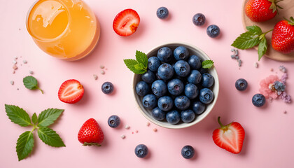 Top view flat lay of fresh summer berries like blueberries and strawberries with juice on a pink background for a healthy lifestyle