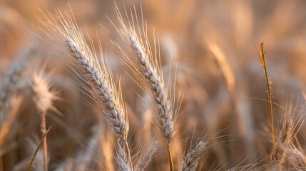 Fototapeta premium A close-up of golden ears of wheat in the foreground with a blurred wheat field in the background, creating an enticing scene for a bakery or food advertisement with text space and high resolution.
