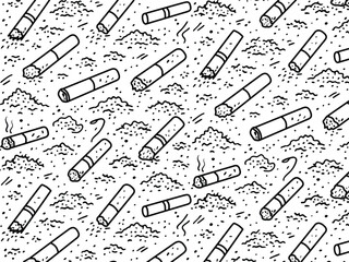 Seamless Hand Drawn Pattern of Cigarette Butts and Ashes in Black and White