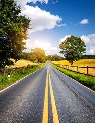 A picturesque country road stretches into a bright, sunny landscape, lined by lush green trees and golden fields under a vibrant blue sky.
