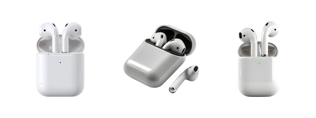 Set of Wireless Bluetooth earbuds isolated on transparent background, PNG format, cut out