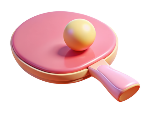 Pink table tennis paddle with yellow ball sweet pastel tones design 3d illustration isolated on transparent background