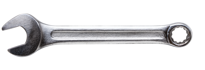 A metal wrench,  angled view, showing the open jaw and the handle