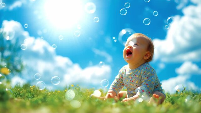 Happy infant enjoying playtime outdoors in bright sunshine