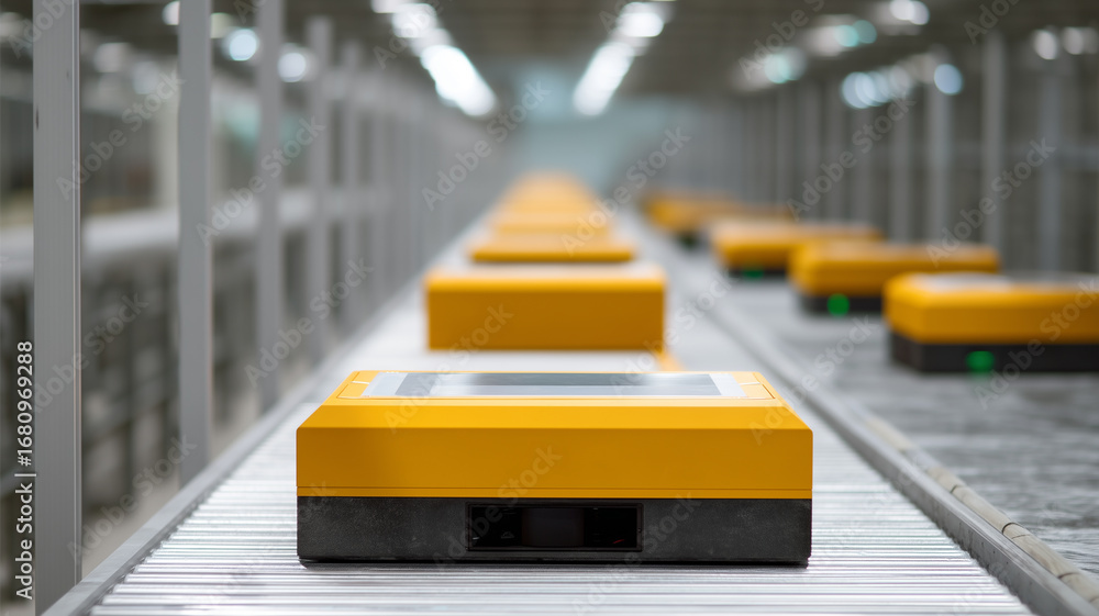 Poster automated warehouse robot yellow modern inventory management system efficient logistics technology i