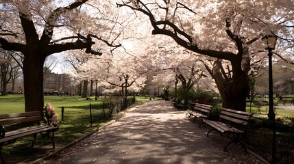 Cherry Blossom Pathway: An enchanting pathway winds through a park, canopied by blooming cherry blossoms, capturing the delicate beauty of spring, creating a serene and picturesque urban oasis.