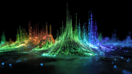 Colorful holographic display peak energy flow digital data visualization glowing light abstract technology futuristic spectrum 3D render vibrant dynamic movement