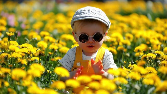 Cheerful baby playing and smiling under the warm sun