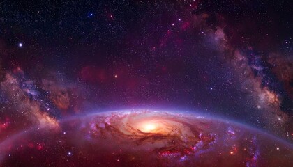 Fototapeta premium Ethereal deep space vista of a magnificent spiral galaxy, its twisting cosmic arms like colorful ribbons of starlight against a vast nebula
