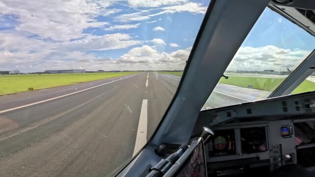 Cockpit view of airplane takeoff at Amsterdam Schiphol Airport