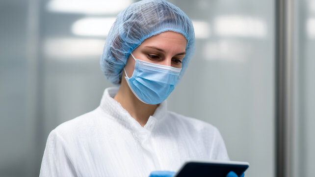 Researcher in sterile laboratory wearing protective clothing, face mask, hairnet, and gloves, using digital tablet for data analysis, focused and professional atmosphere