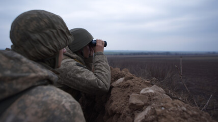Soldier binocular camouflage uniform lookout horizon field cloudy alert military scanning dirt helmet teamwork outdoor defense vigilance rural protection observation security landscape patrol
