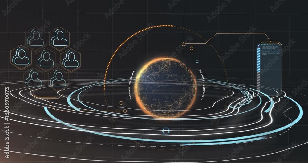 Aufkleber animation of rotating circles over data processing in green and black space