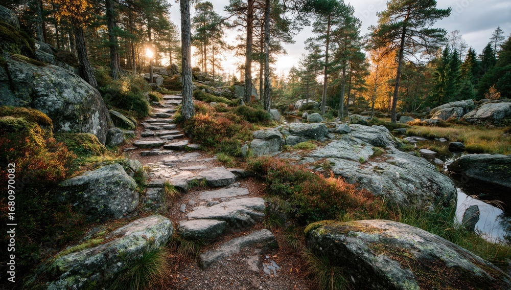 Poster autumn path through a rocky forest. sunlight streams through trees