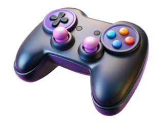Stylish grey and purple gaming controller with buttons for entertainment and play3d illustration isolated on transparent background