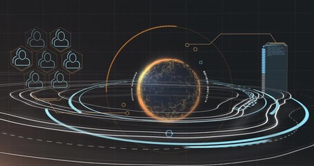 Animation of rotating circles over data processing in green and black space - Powered by Adobe