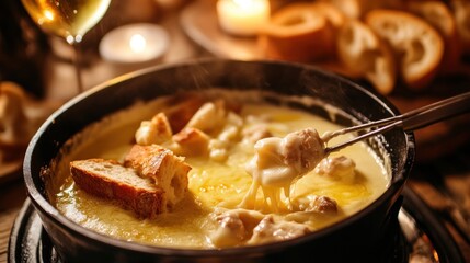 Creamy cheese fondue with bread