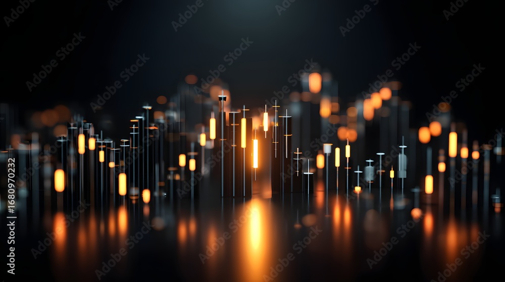 Poster dynamic data cityscape: abstract digital rendering of an urban skyline, with glowing structures and 