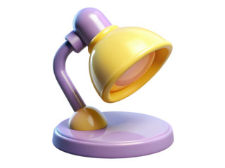 Stylized cartoon table lamp with yellow shade and lavender body simple design 3d illustration isolated on transparent background