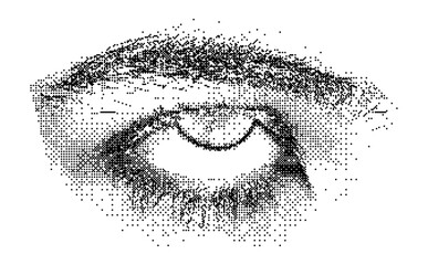 Retro halftone collage eye with stipple effect. Human eyes look up in fear. Vector illustration in vintage photocopy style for mixed media design.