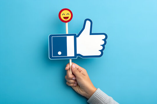 Close-up of a hand holdinga social media like icon sick with emoji notificatio button on a blue backgroud