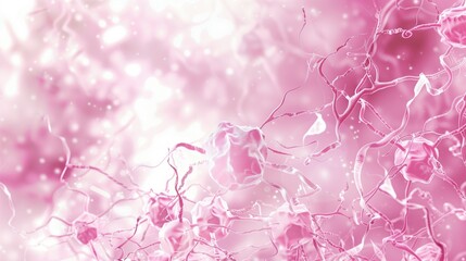 Breast Cancer Awareness Month. Scientific illustration style, microscopic cellular structures in pink and white color scheme, biomedical research aesthetic, molecular biology visualization