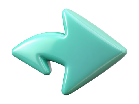 Teal arrow redirect symbol 3d render glossy forward communication direction sign shiny pointing isolated object 3d illustration isolated on transparent background
