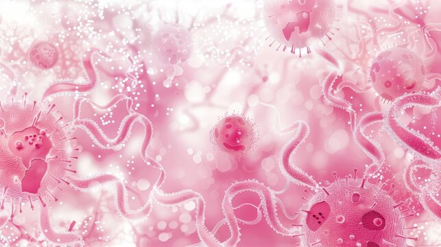 Breast Cancer Awareness Month. Scientific microscopy illustration style, cellular patterns and structures, pink and white color scheme, research laboratory aesthetic