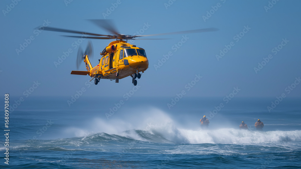 Poster Rescue swimmers deploying from helicopters during emergency maritime response. Life saving equipment and professional training evident as crews coordinate complex rescue operations