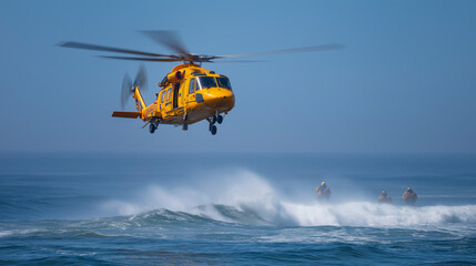 Rescue swimmers deploying from helicopters during emergency maritime response. Life saving equipment and professional training evident as crews coordinate complex rescue operations